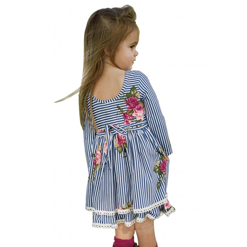 Blue Sweet Striped Floral Kids Dress Blue Sweet Striped Floral Kids Dress