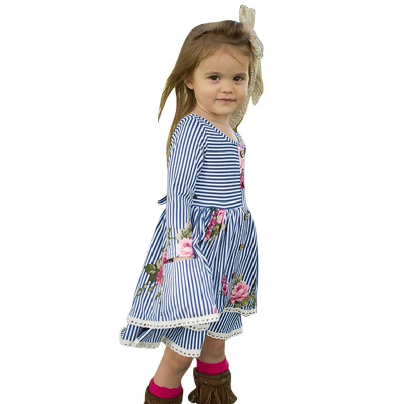 Blue Sweet Striped Floral Kids Dress Blue Sweet Striped Floral Kids Dress