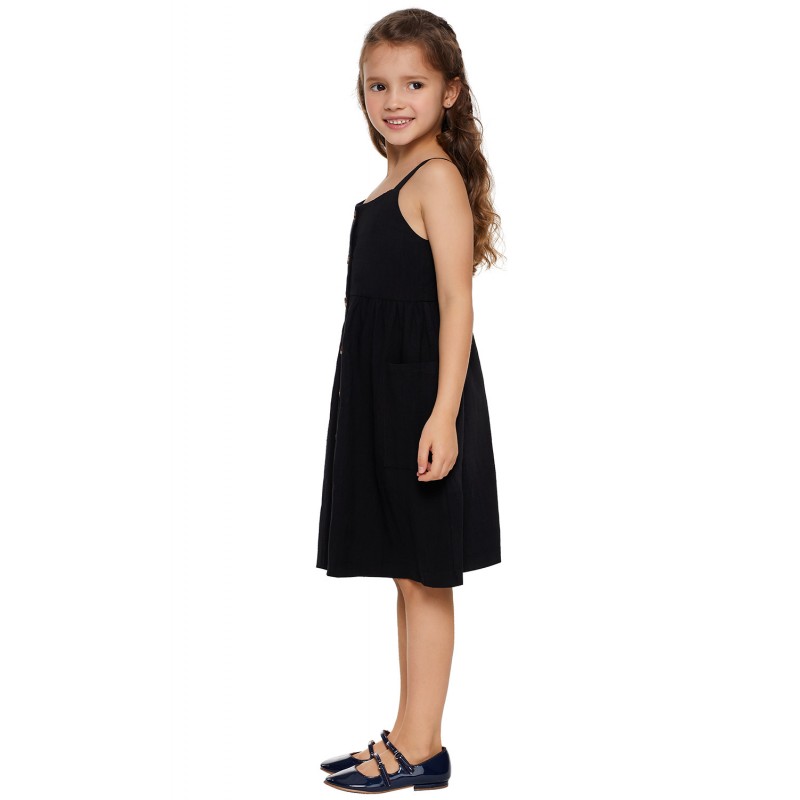 Black Little Girls Spaghetti Strap Button Dress with Pockets Black Little Girls Spaghetti Strap Button Dress with Pockets