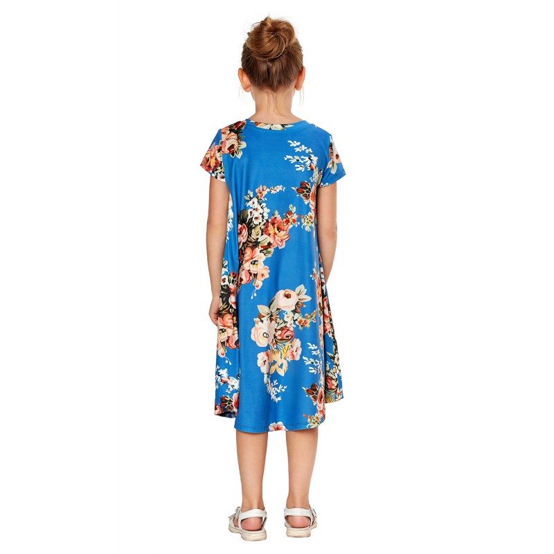 Blue Short Sleeve Floral Print Toddler Dress Blue Short Sleeve Floral Print Toddler Dress