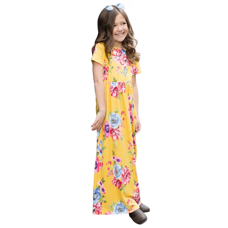 Yellow Short Sleeve Floral Print Loose Casual Maxi Dress with Pockets Yellow Short Sleeve Floral Print Loose Casual Maxi Dress with Pockets