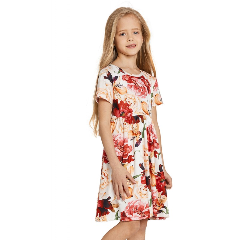 Crewneck Short Sleeve Floral Girl's Midi Dress Crewneck Short Sleeve Floral Girl's Midi Dress