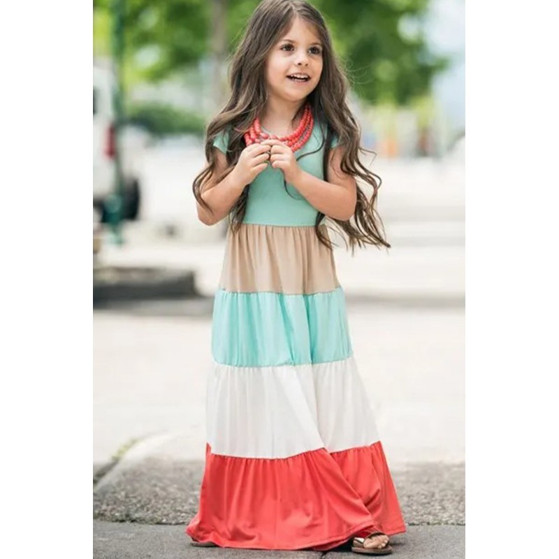 Family Matching Short Sleeve Color Block Kids' Maxi Dress
