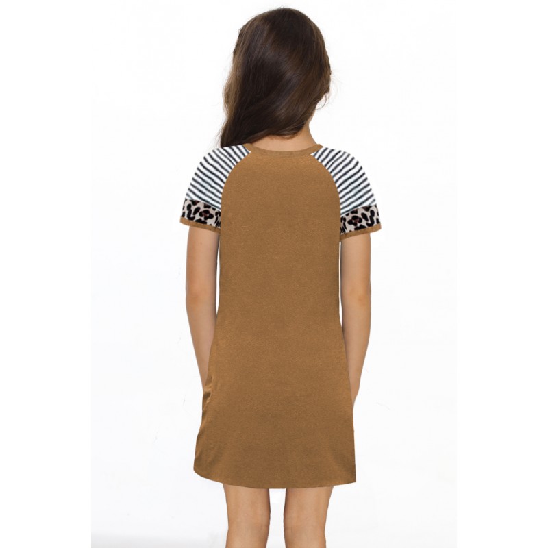 Brown Leopard Striped Splicing Twist Knot Kids Dress Brown Leopard Striped Splicing Twist Knot Kids Dress