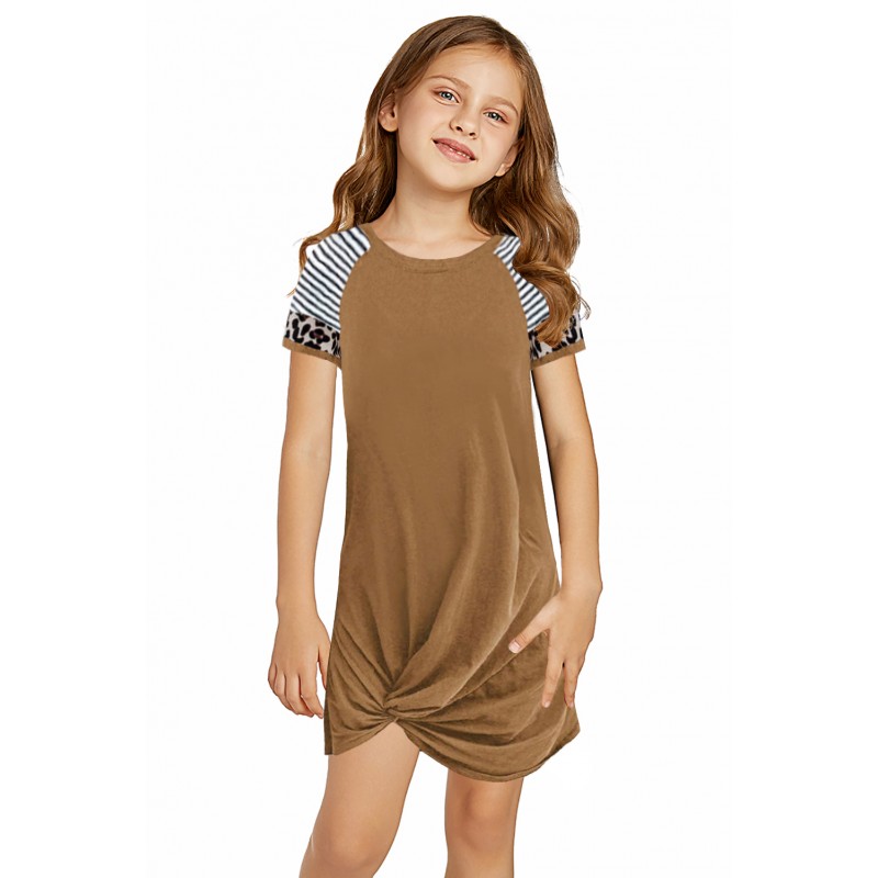 Brown Leopard Striped Splicing Twist Knot Kids Dress Brown Leopard Striped Splicing Twist Knot Kids Dress