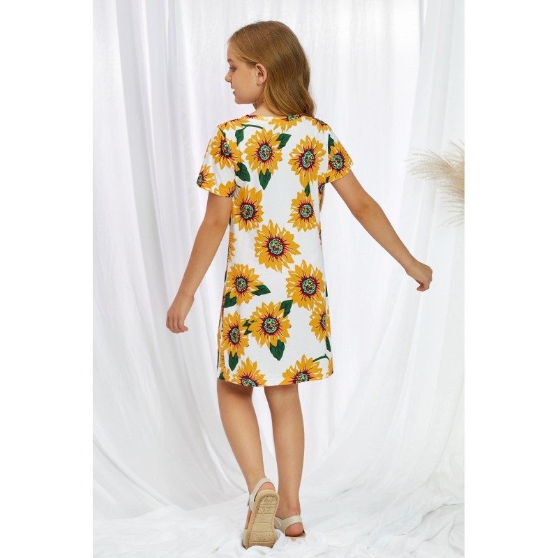 Sunflower Print Twist Knot V Neck Girl's Mini Dress Sunflower Print Twist Knot V Neck Girl's Mini Dress