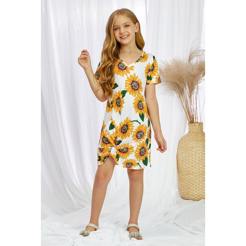 Sunflower Print Twist Knot V Neck Girl's Mini Dress Sunflower Print Twist Knot V Neck Girl's Mini Dress