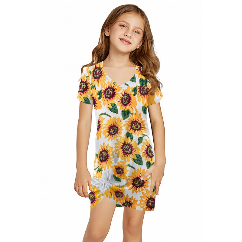 Sunflower Print Twist Knot V Neck Girl's Mini Dress Sunflower Print Twist Knot V Neck Girl's Mini Dress