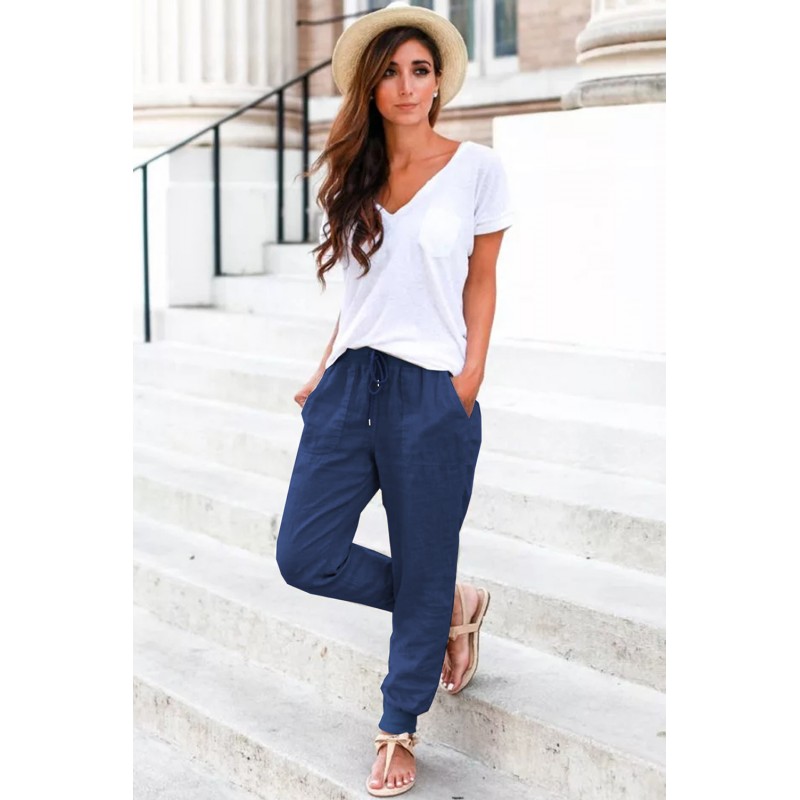 Dark Blue Pocketed Drawstring Joggers Dark Blue Pocketed Drawstring Joggers