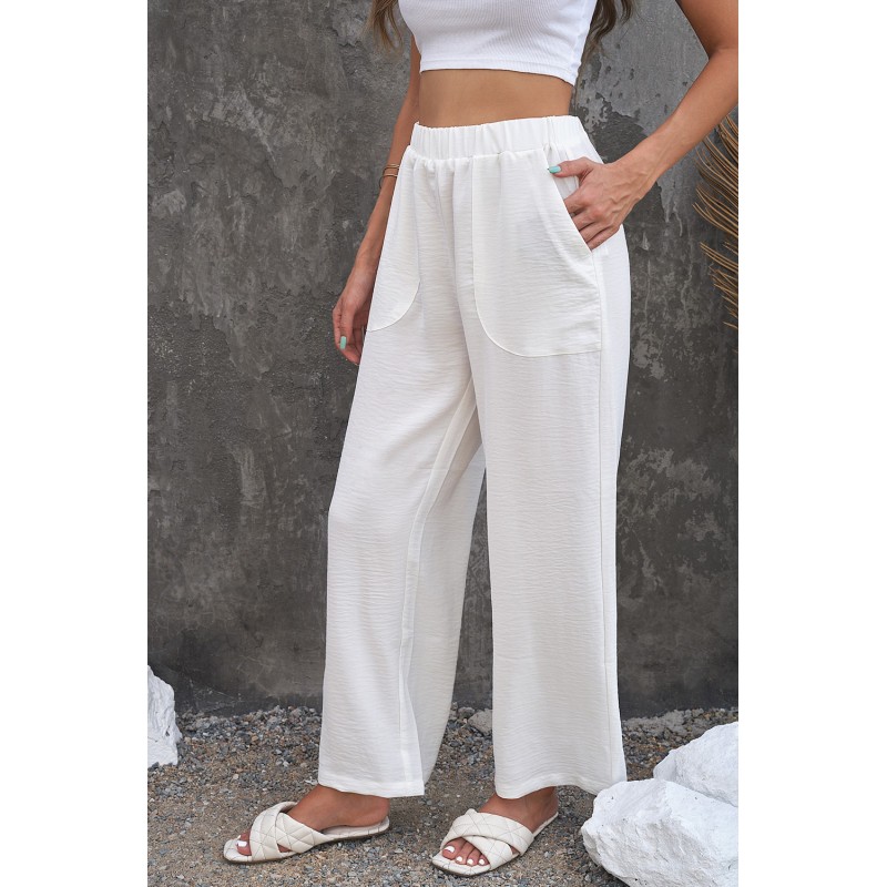 White Elastic Waist Pocketed Wide Leg Pants White Elastic Waist Pocketed Wide Leg Pants