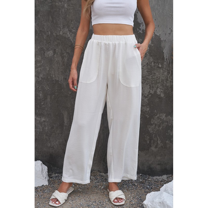 White Elastic Waist Pocketed Wide Leg Pants White Elastic Waist Pocketed Wide Leg Pants