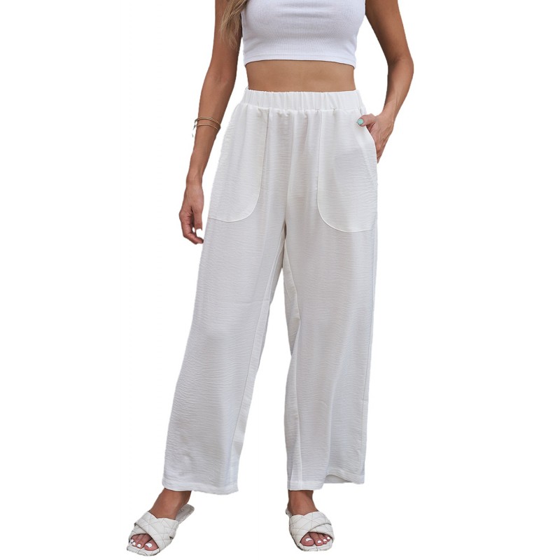 White Elastic Waist Pocketed Wide Leg Pants White Elastic Waist Pocketed Wide Leg Pants