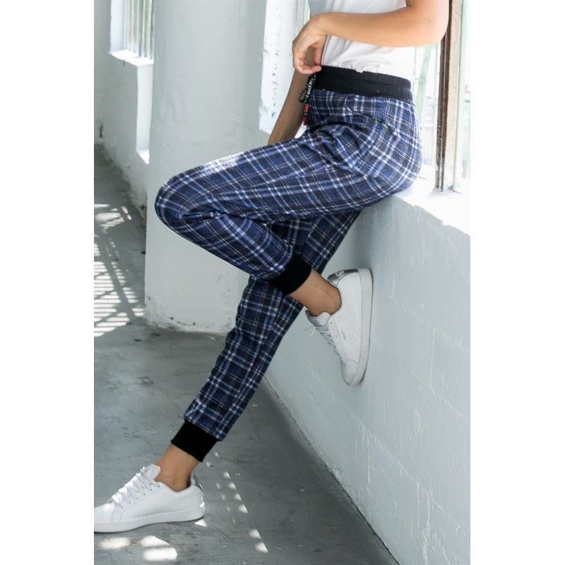 Blue High Waisted Drawstring Plaid Joggers with Pockets Blue High Waisted Drawstring Plaid Joggers with Pockets