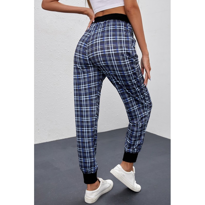 Blue High Waisted Drawstring Plaid Joggers with Pockets Blue High Waisted Drawstring Plaid Joggers with Pockets