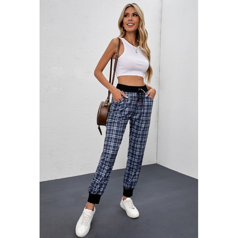 Blue High Waisted Drawstring Plaid Joggers with Pockets Blue High Waisted Drawstring Plaid Joggers with Pockets