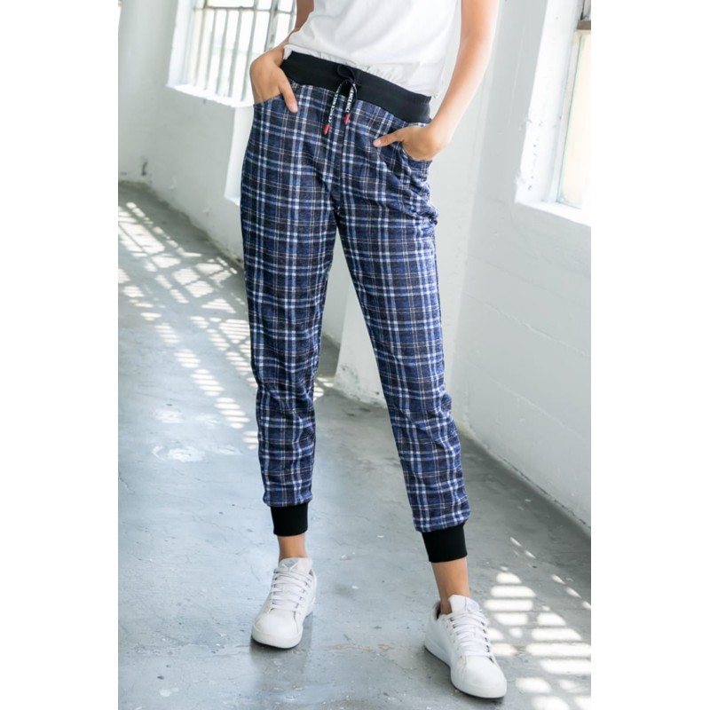 Blue High Waisted Drawstring Plaid Joggers with Pockets Blue High Waisted Drawstring Plaid Joggers with Pockets