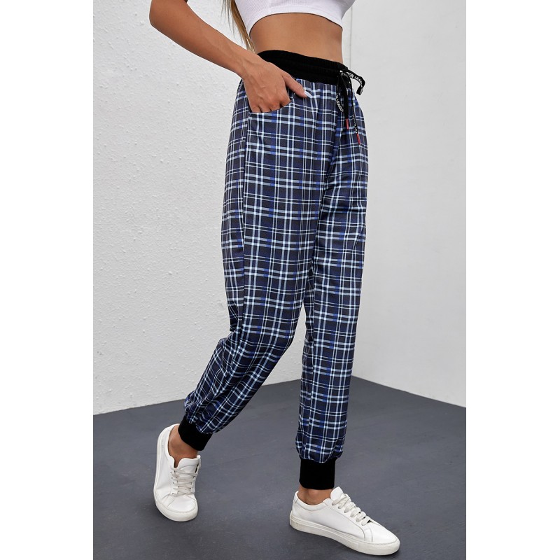 Blue High Waisted Drawstring Plaid Joggers with Pockets Blue High Waisted Drawstring Plaid Joggers with Pockets