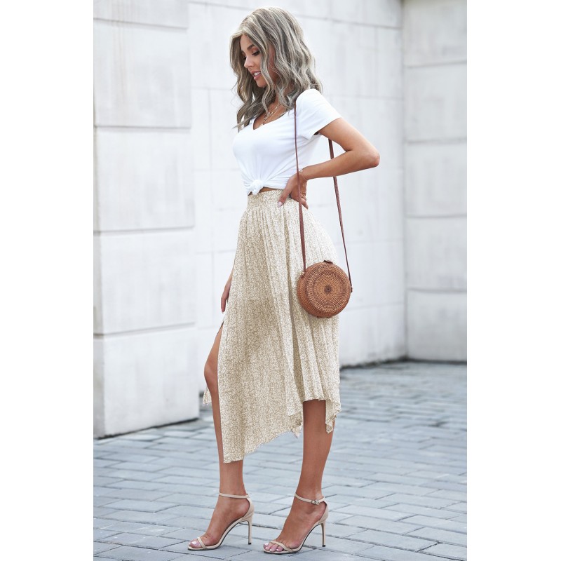 Beige Fashion Print Side Slit Pleated Maxi Skirt