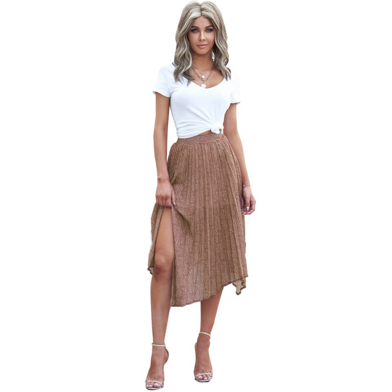 Brown Fashion Print Side Slit Pleated Maxi Skirt Brown Fashion Print Side Slit Pleated Maxi Skirt