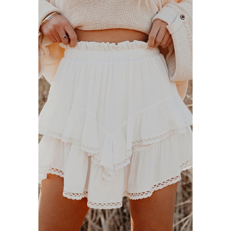 White Solid Color High Waist Tiered Crochet Ruffle Mini Skirt