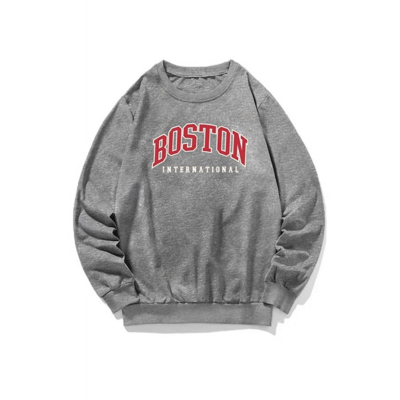 Gray BOSTON Letters Print Crew Neck Men's Pullover Sweatshirt Gray BOSTON Letters Print Crew Neck Men's Pullover Sweatshirt