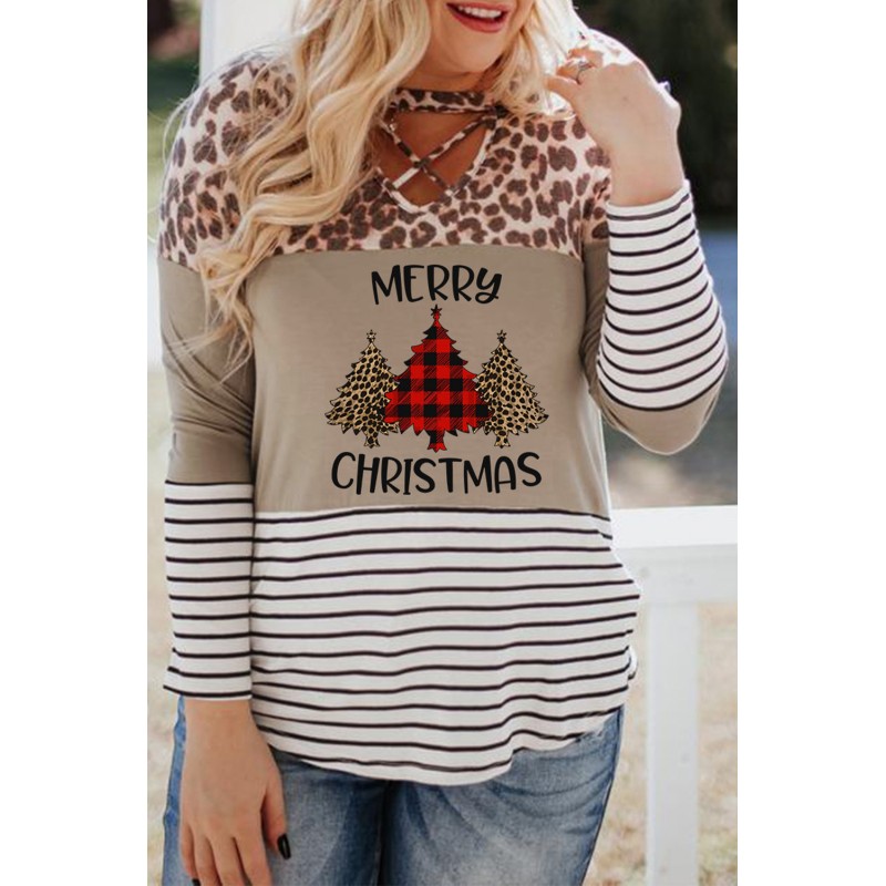 Christmas Letter Leopard Striped Color Block Top