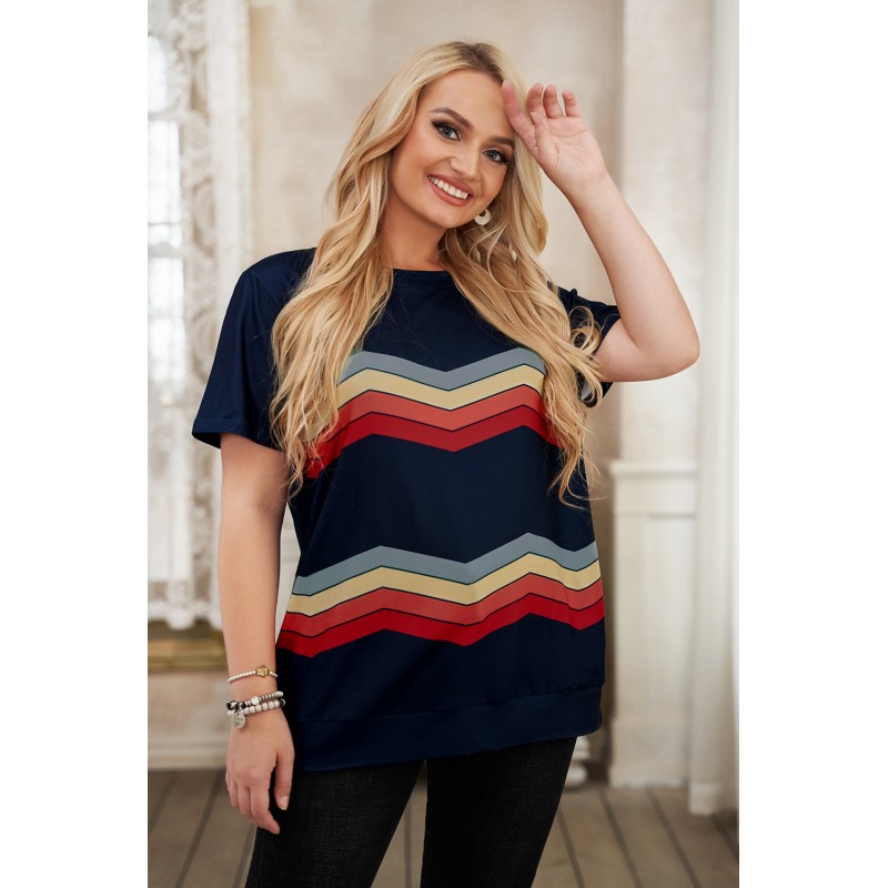 Navy Colorful Stripes Print Short Sleeve Plus Size Top