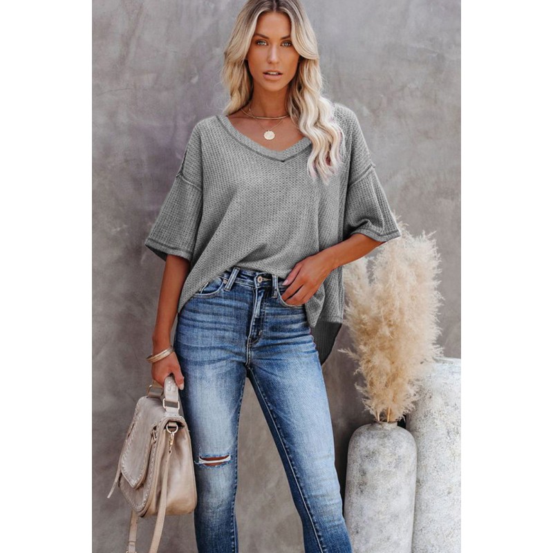 Gray V-Neck Thermal Knit Top Gray V-Neck Thermal Knit Top