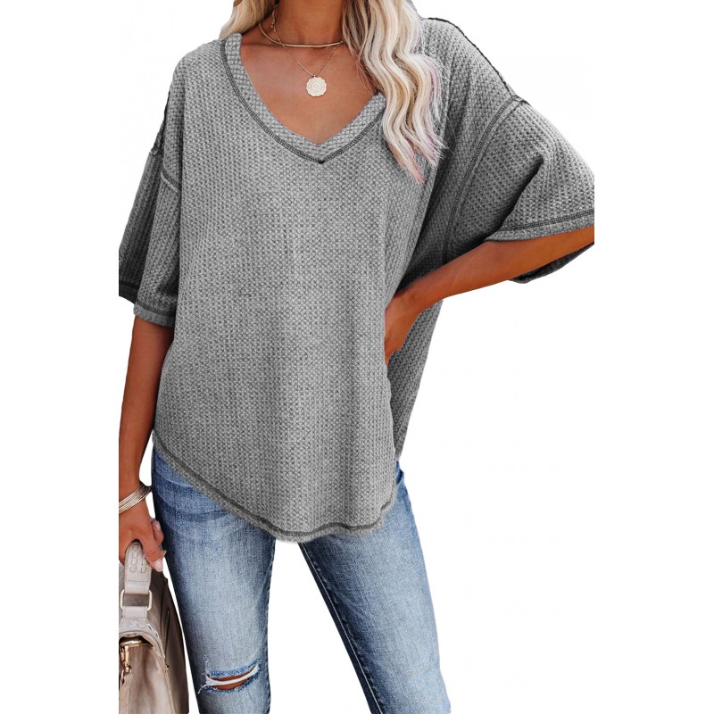 Gray V-Neck Thermal Knit Top Gray V-Neck Thermal Knit Top