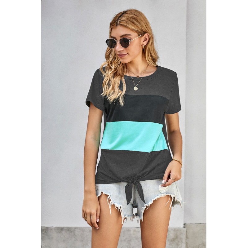 Gray Color Block Panel Front T-shirt with Knot