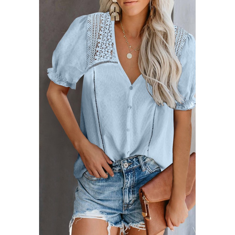 Sky Blue V Neck Lace Crochet Short Sleeve Shirt Sky Blue V Neck Lace Crochet Short Sleeve Shirt