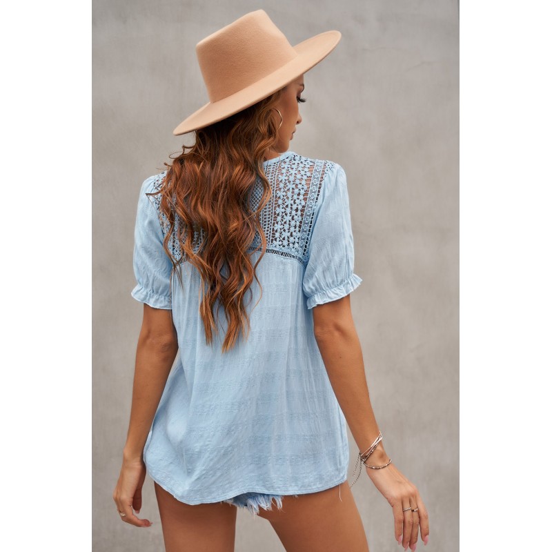 Sky Blue V Neck Lace Crochet Short Sleeve Shirt Sky Blue V Neck Lace Crochet Short Sleeve Shirt