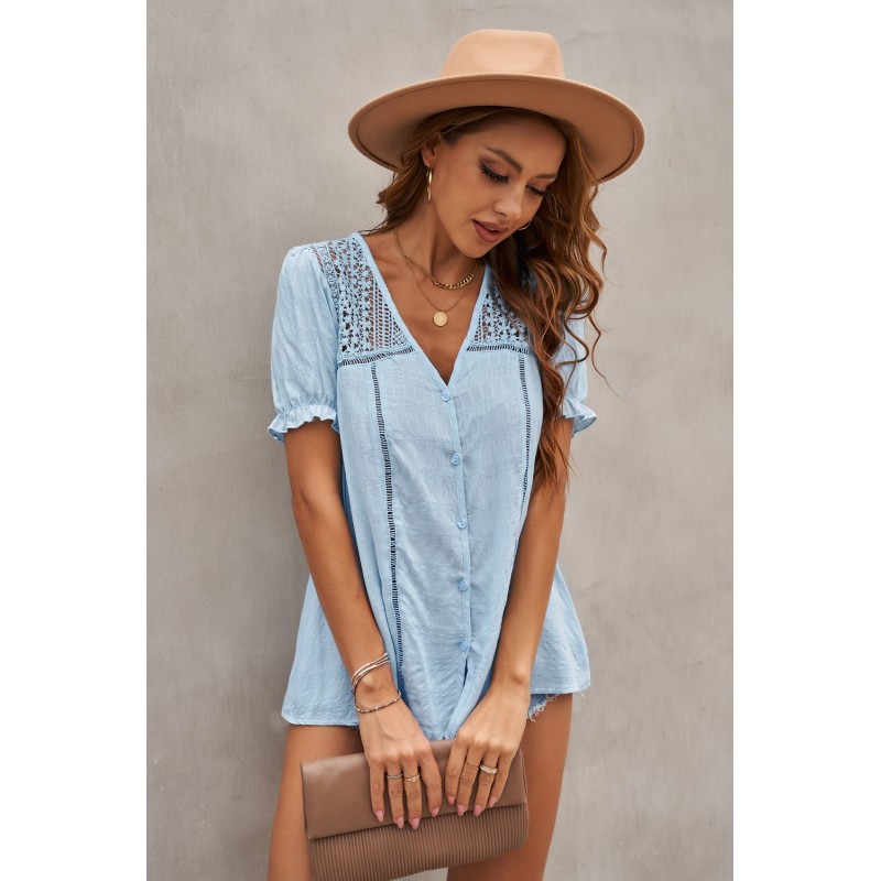 Sky Blue V Neck Lace Crochet Short Sleeve Shirt Sky Blue V Neck Lace Crochet Short Sleeve Shirt