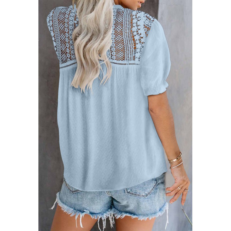 Sky Blue V Neck Lace Crochet Short Sleeve Shirt Sky Blue V Neck Lace Crochet Short Sleeve Shirt